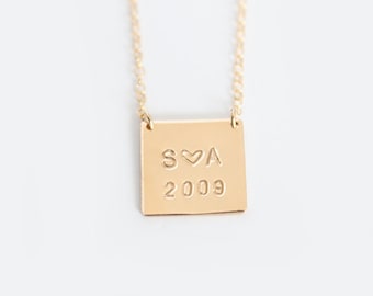 Hand Stamped Necklace - 14k GOLD Filled Square Tag - You & Me