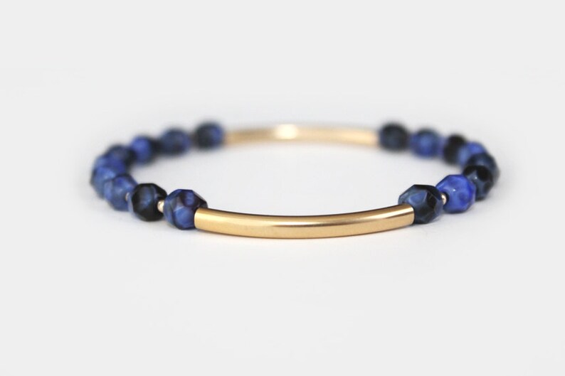 Lapis Blue Beaded Bar Bracelet Gold Filled or Sterling Silver Nalini image 1