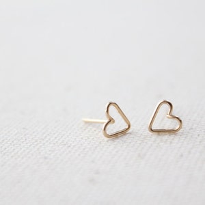 Tiny Open Heart Earring Studs - Hand Formed - Yellow Gold or Rose Gold or Silver - Lorelai