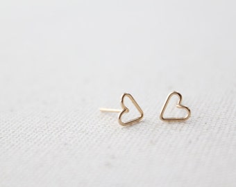 Tiny Open Heart Earring Studs - Hand Formed - Yellow Gold or Rose Gold or Silver - Lorelai