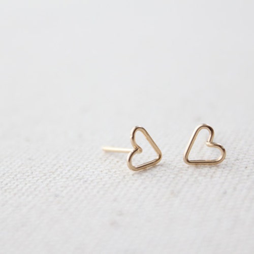 Tiny Open Heart Earring Studs Hand Formed Yellow Gold or - Etsy