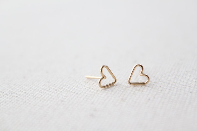 Tiny Open Heart Earring Studs Hand Formed Yellow Gold or Rose Gold or Silver Lorelai image 1