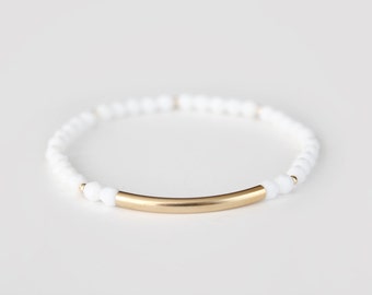 White Beaded Bar Bracelet - Gold Filled or Sterling Silver - Nuelle