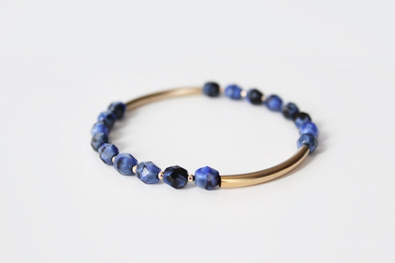 Lapis Blue Beaded Bar Bracelet Gold Filled or Sterling Silver Nalini image 2