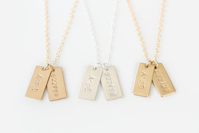 Hand Stamped Necklace Petite Initial Tags Tiny Rectangle 14k GOLD Filled, Sterling Silver or Brass As Seen In Flutter Mag image 3