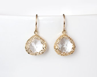 Gold Framed Glass Pendant Earrings - Crystal Clear - Grace