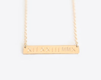 Roman Numeral Date Necklace - Hand Stamped Nameplate Necklace - 14k Gold Filled