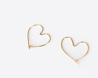 Open Heart Hoop Earrings - Hand Formed - Yellow Gold or Rose Gold or Silver - Amoretta