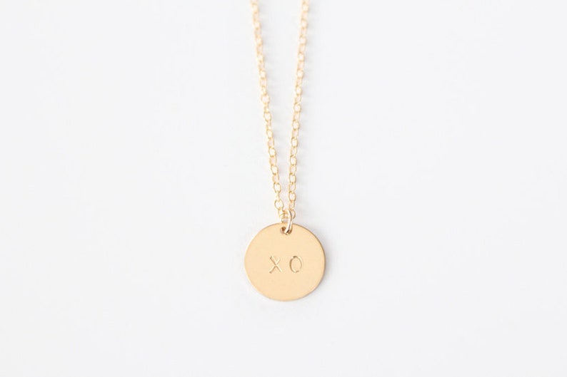 Hand Stamped Necklace XO Disc 14k GOLD Filled image 1