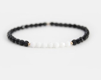 Jet Black and White Beaded Bracelet - Gold Filled or Sterling Silver - Naeva