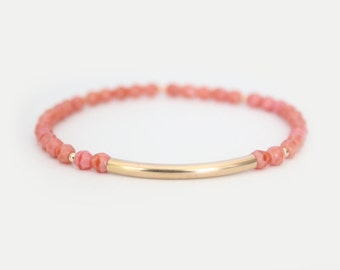 Coral Pink Beaded Bar Bracelet - Gold Filled or Sterling Silver - Nuelle