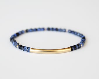 Lapis Blue Beaded Bar Bracelet - Gold Filled or Sterling Silver - Nuelle
