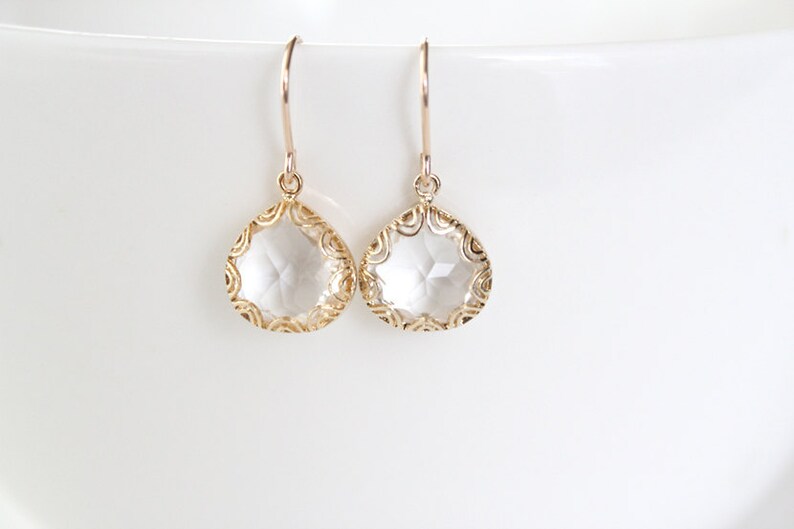 Gold Framed Glass Pendant Earrings Crystal Clear Grace image 5