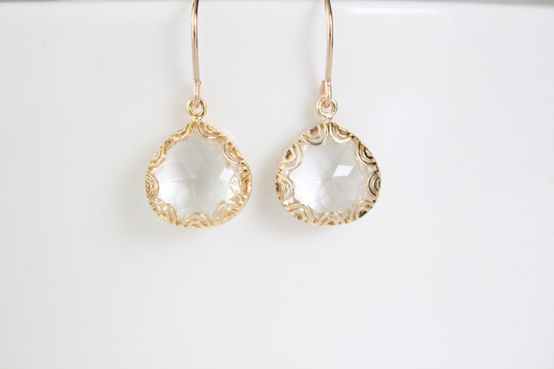 Gold Framed Glass Pendant Earrings Crystal Clear Grace image 4