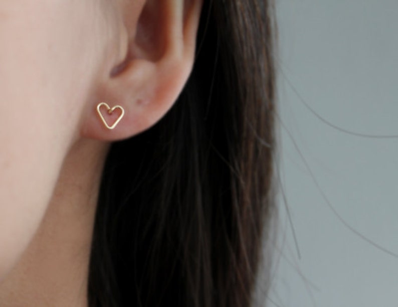 Tiny Open Heart Earring Studs Hand Formed Yellow Gold or Rose Gold or Silver Lorelai image 3