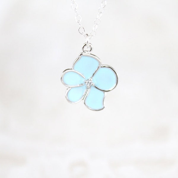 Flower Necklace - Petite Blue - Silver