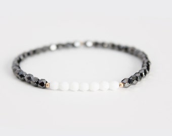 Hematite and White Beaded Bracelet - Gold Filled or Sterling Silver - Naeva