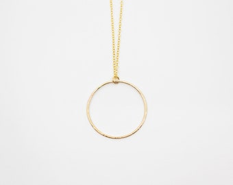 Large Hammered Ring Pendant Necklace - Long Layering Necklace - 14k Gold Filled - StellaB