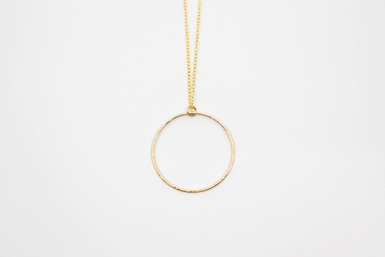 Large Hammered Ring Pendant Necklace Long Layering Necklace 14k Gold Filled StellaB image 1