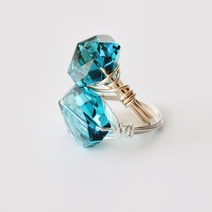 Large Crystal Wire Wrapped Ring - Silver or Gold - Amber, Champagne, Black, Aquamarine, Ruby, Teal - Phoenix