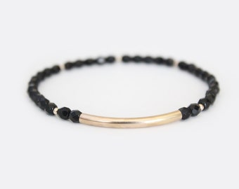 Jet Black Beaded Bar Bracelet - Gold Filled or Sterling Silver - Nuelle