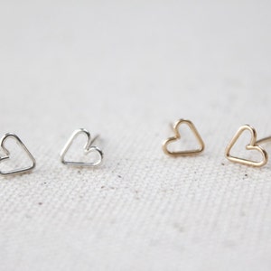 Tiny Open Heart Earring Studs Hand Formed Yellow Gold or Rose Gold or Silver Lorelai image 2