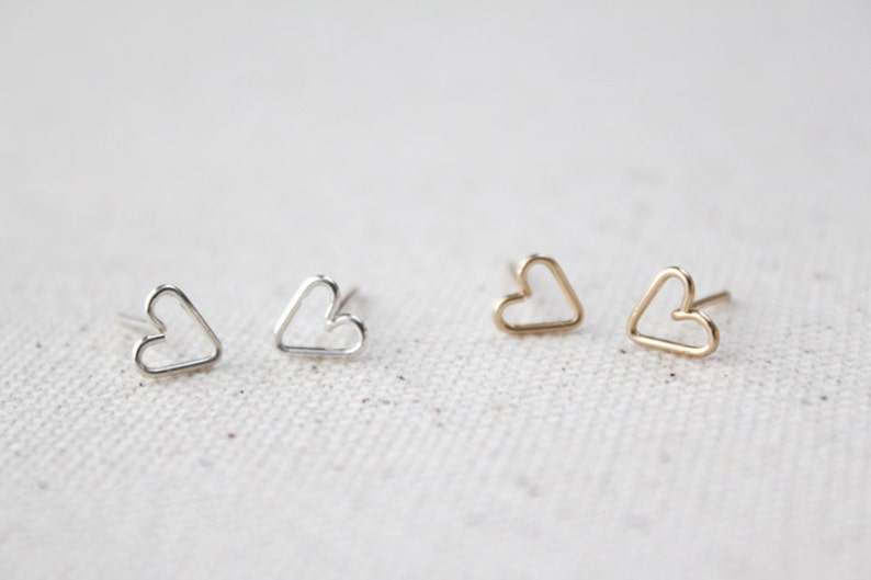 Tiny Open Heart Earring Studs Hand Formed Yellow Gold or Rose Gold or Silver Lorelai image 2