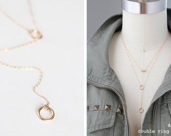 Double Ring Lariat Necklace - Gold Filled or Sterling Silver - Amara