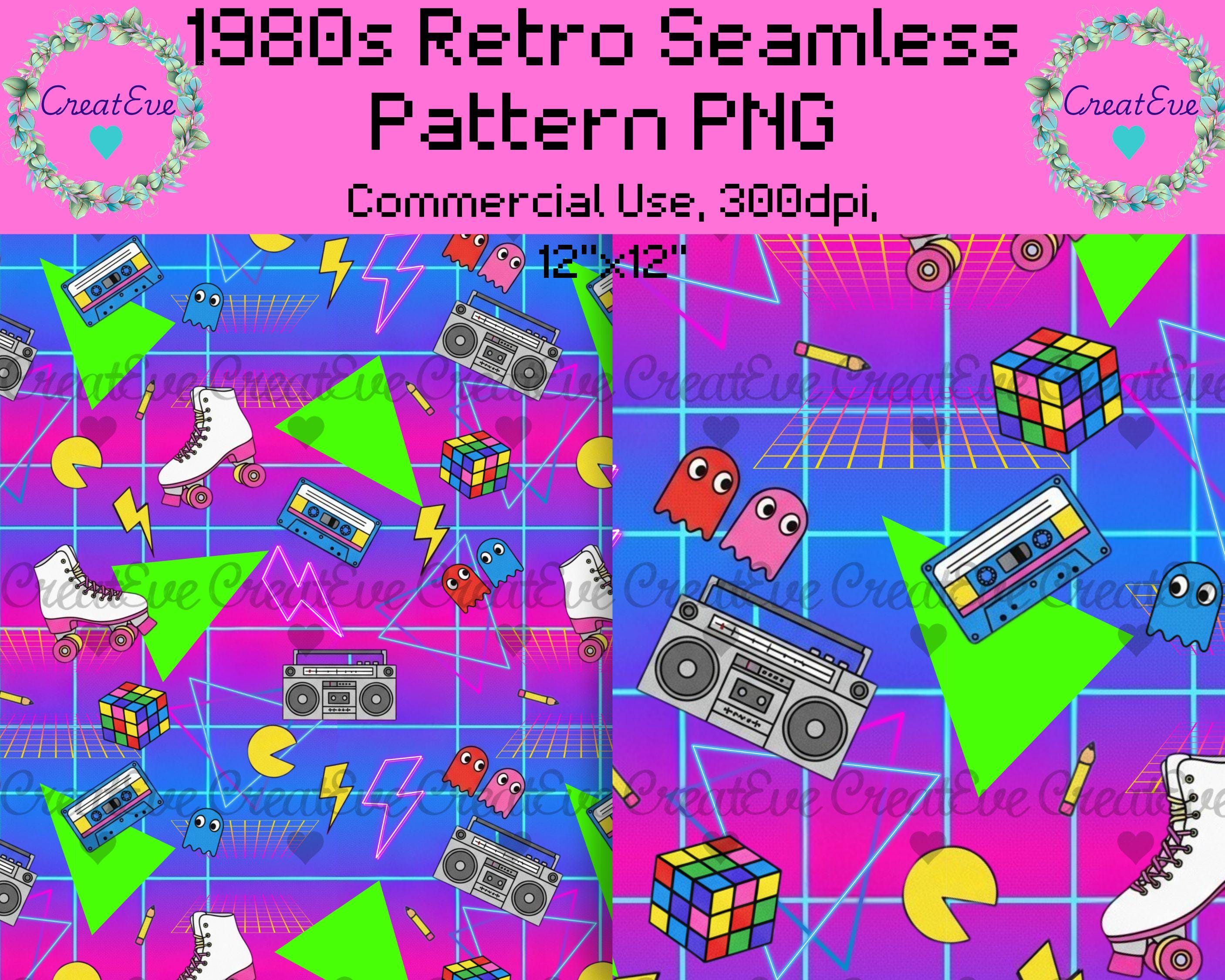 Retro 80s Seamless Pattern PNG | Neon Grid Background With Roller ...