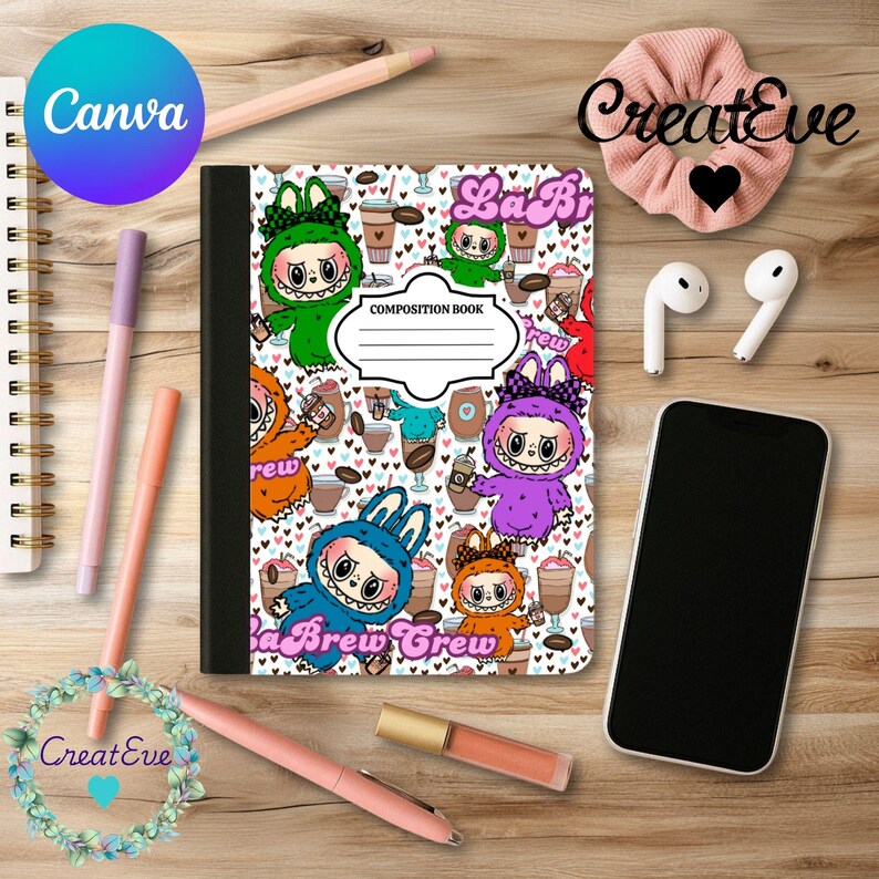 May include: A composition book with a cartoon design of monsters holding coffee cups, with the text "La Brew Crew". The image also includes pens, a phone, and other stationery items.