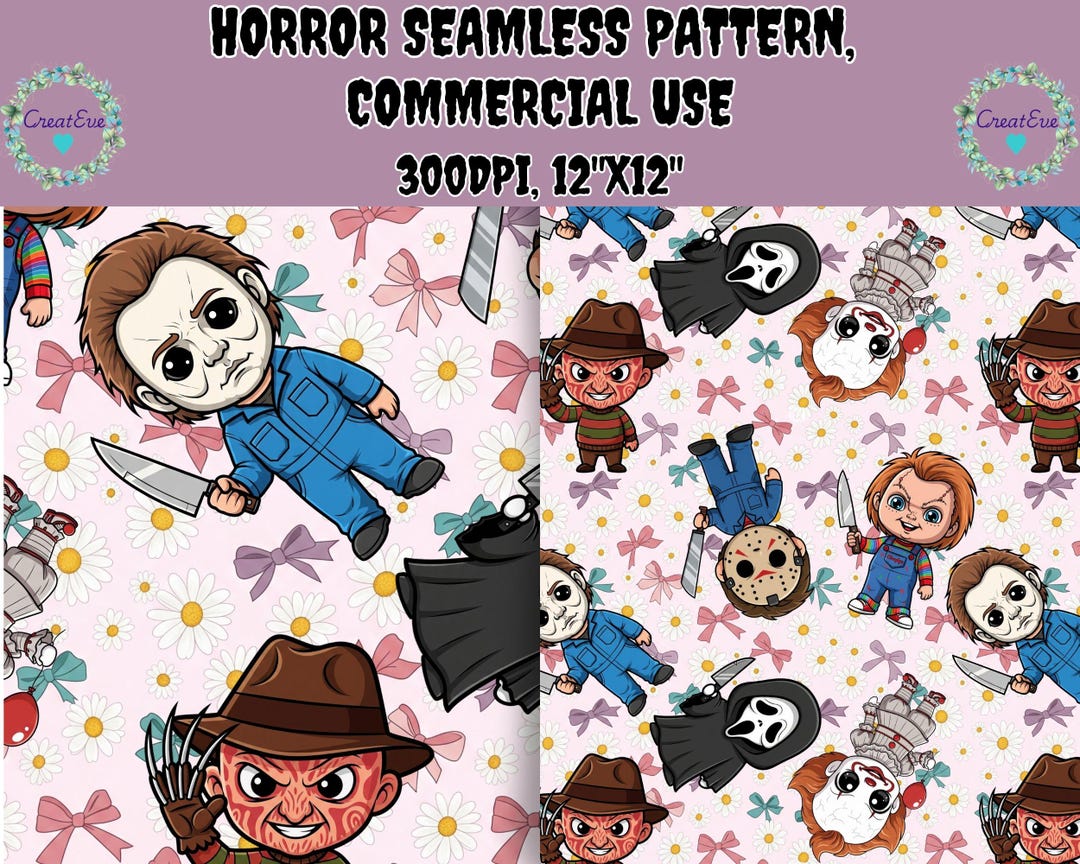 Slasher Drawing Outline Pattern Halloween Seamless Pattern Digital Download | Cute Slasher Sublimation ...