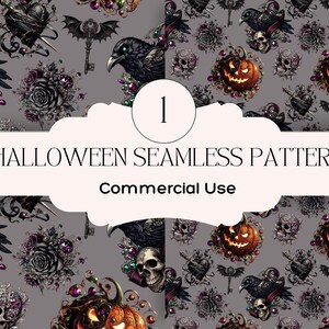 May include: A seamless Halloween pattern featuring crows, jack-o'-lanterns, skulls, roses, and bats on a gray background. The design includes the text "Halloween Seamless Pattern" and "Commercial Use".