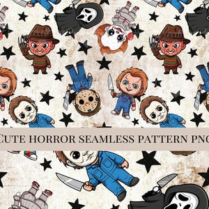 May include: A seamless pattern featuring cartoon-style horror characters including Freddy Krueger, Chucky, Michael Myers, Pennywise, and Ghostface, interspersed with black stars on a light, textured background. The text CUTE HORROR SEAMLESS PATTERN PNG is visible.