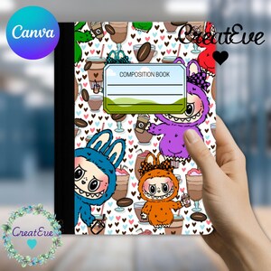 May include: A composition book with a vibrant design of cartoon monsters, coffee beverages, and hearts. The cover has the text "COMPOSITION BOOK" and a label area. The background is white.