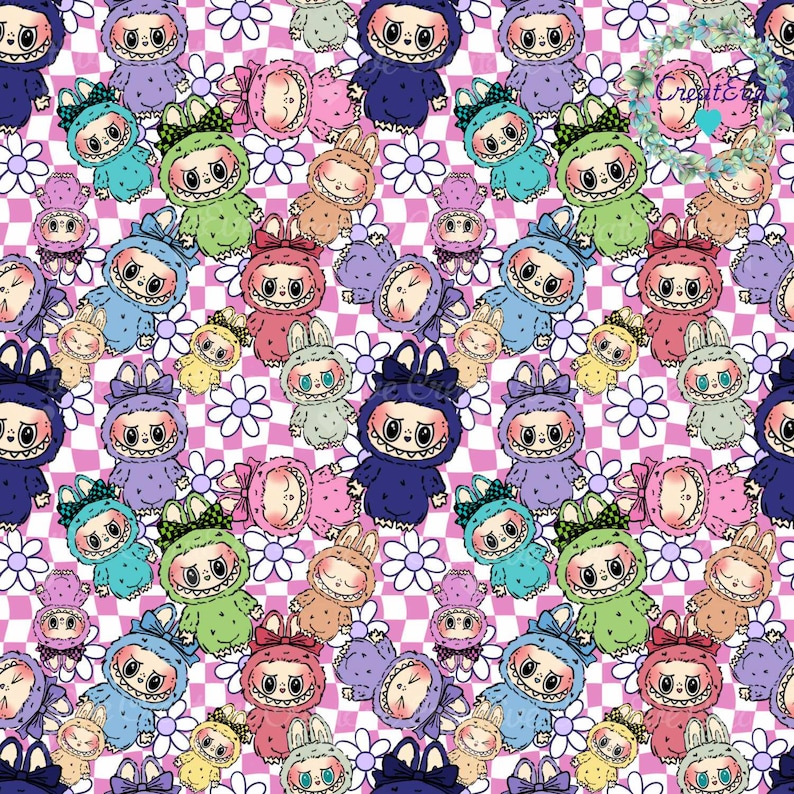 Preppy Hand Drawn Monster Doll Seamless Pattern PNG | Pastel ...