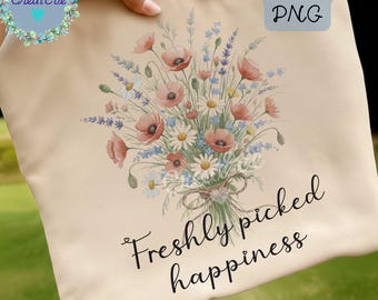 Camiseta "Felicidade Recém-Colhida" PNG | Design Boho em Aquarela de Flores Silvestres | PNG para Sublimação em Copos, Camisetas ou Sacolas | Fundo Transparente