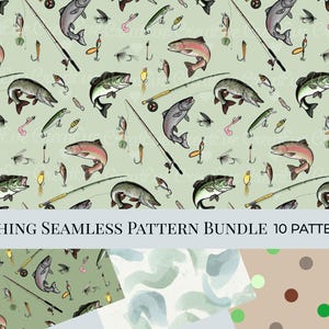 May include: A seamless pattern with illustrations of fish, fishing rods, and tackle on a pale green backdrop. The design includes various fish species, fishing rods, and hooks, creating a fishing-themed pattern.