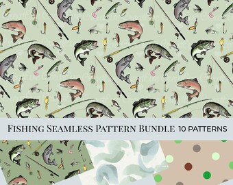 Hand Drawn Fishing Seamless Pattern Bundle | Lures Digital Paper Pack | Bass Trout Fishing PNG | Outdoor Fisherman Pattern | Commercial Use