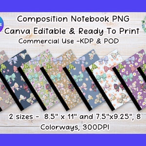 Può includere: Una collezione di quaderni a composizione con motivi a fiocco in vari colori. I quaderni sono esposti ad angolo, mostrando le loro copertine. Il testo sull'immagine recita "Composition Notebook PNG" e "Canva Editable & Ready-To Print". I quaderni sono disponibili in 21.6cm x 27.9cm e 19.1cm x 23.5cm.