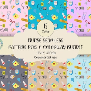 Könnte beinhalten: Ein digitales Kunstpaket mit sechs nahtlosen Mustern mit medizinischen Illustrationen. Die Muster zeigen Stethoskope, Bandagen, Scheren und Medikamentenflaschen. Der Text lautet "NURSE SEAMLESS PATTERN PNG, 6 COLORWAY BUNDLE".