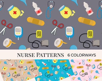 Nursing Seamless Pattern PNG | 12x12” 300dpi Nurse Supplies Sublimation Background | Stethoscope Syringe Bandage Print | Commercial Use