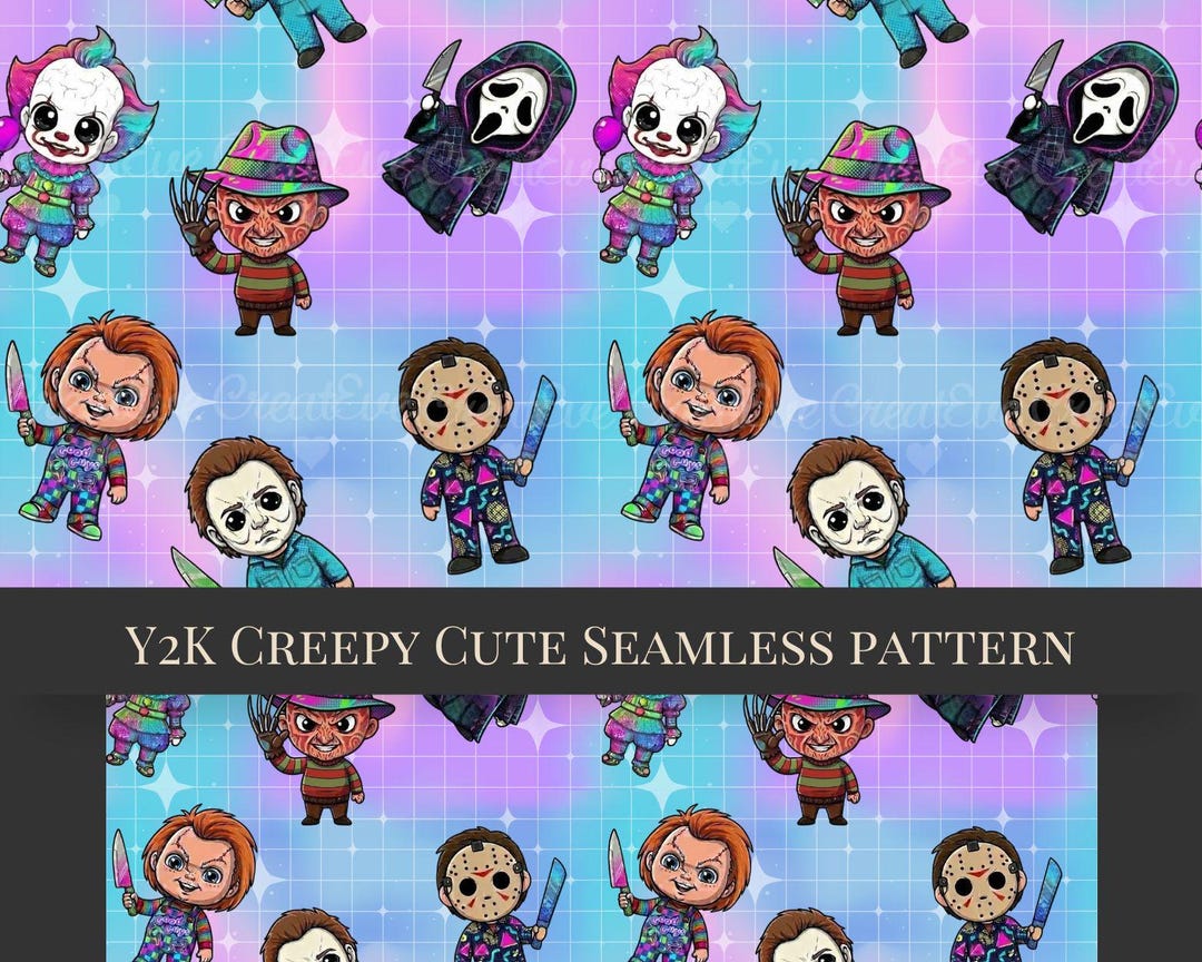 Cute Horror Seamless Pattern PNG | Spooky Chibi Killer DTF| Retro ...