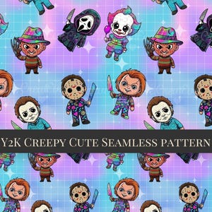 May include: A seamless pattern with cartoon horror characters including Freddy Krueger, Chucky, and Jason Voorhees, each with a weapon. The background is a pastel gradient with a grid, and the text "Y2K CREEPY CUTE SEAMLESS PATTERN" is displayed.