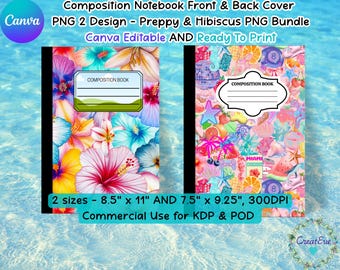 Preppy Hibiscus Notebook Cover PNG Bundle: KDP Commercial Use (Digital Download