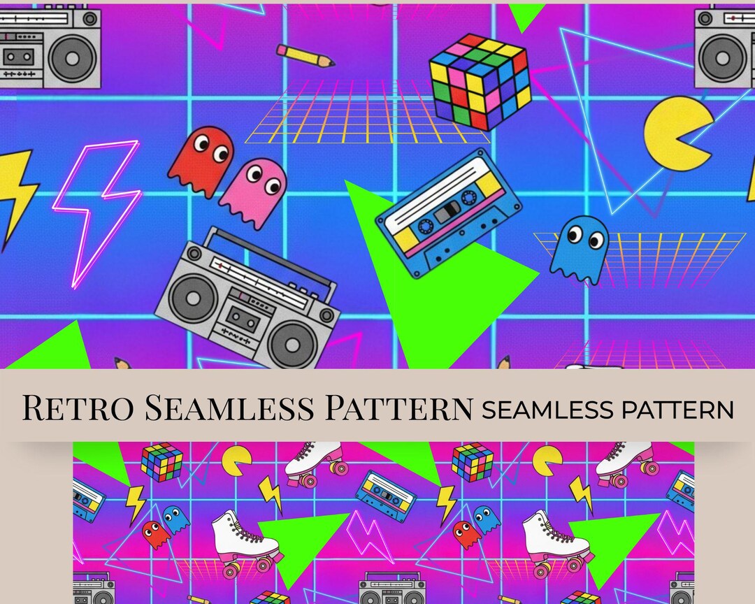 Retro 80s Seamless Pattern PNG | Neon Grid Background With Roller ...