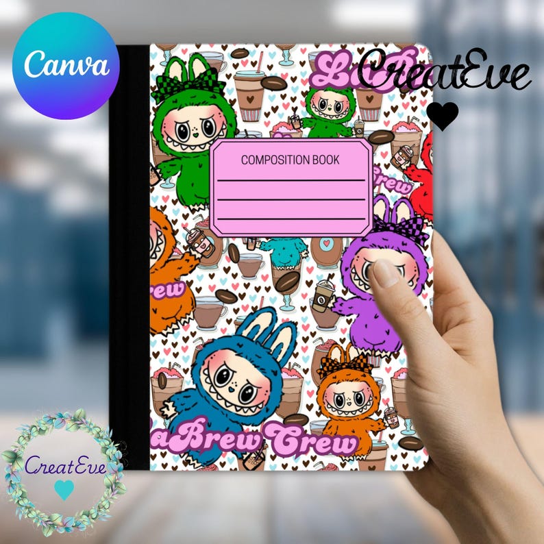 May include: Composition notebook with a vibrant design of cartoon characters, coffee cups, and hearts. The cover includes a pink label that reads "COMPOSITION BOOK". The words "a Brew Crew" are written on the bottom of the book.