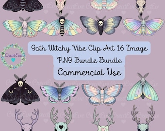 Witchcore 16 Image Clipart Bundle: Goth Moth and Skulls PNG Digital Download, Commercial Use, Halloween Sublimation