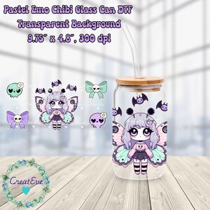 May include: A clear glass can with a bamboo lid and a straw, decorated with a pastel emo chibi fairy design. The design includes a fairy with butterfly wings, bats, skulls, and bows. The text on the image reads "Pastel Emo Chibi Glass Can DTF Transparent Background 9.75" x 4.8", 300 dpi."
