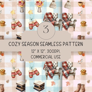 Puede incluir: Patrón sin costuras de acuarela con elementos otoñales acogedores. El diseño incluye sillones, mitones, libros y arreglos florales sobre un fondo a cuadros. El texto dice "COZY SEASON SEAMLESS PATTERN 12" X 12". 300DPI. COMMERCIAL USE."