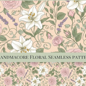 May include: A seamless floral pattern featuring roses, lilies, and lavender in shades of pink, white, and purple on a peach background. The design includes the text "GRANDMACORE FLORAL SEAMLESS PATTERN".